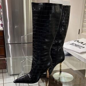 SCHUTZ Black Croc-Embossed Heeled Boots with Gold Accents